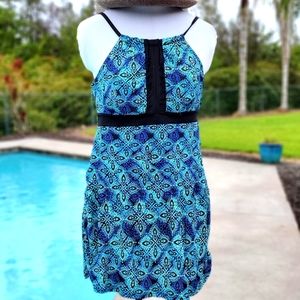 A Shore Fit, High Neck Dresskini Swimwear one peice swim suit, sz 10, blue/black